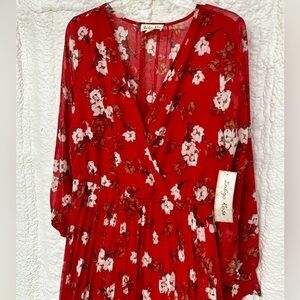 Red oriental floral maxi dress, chiffon long sleeves, pleated pattern skirt, Med